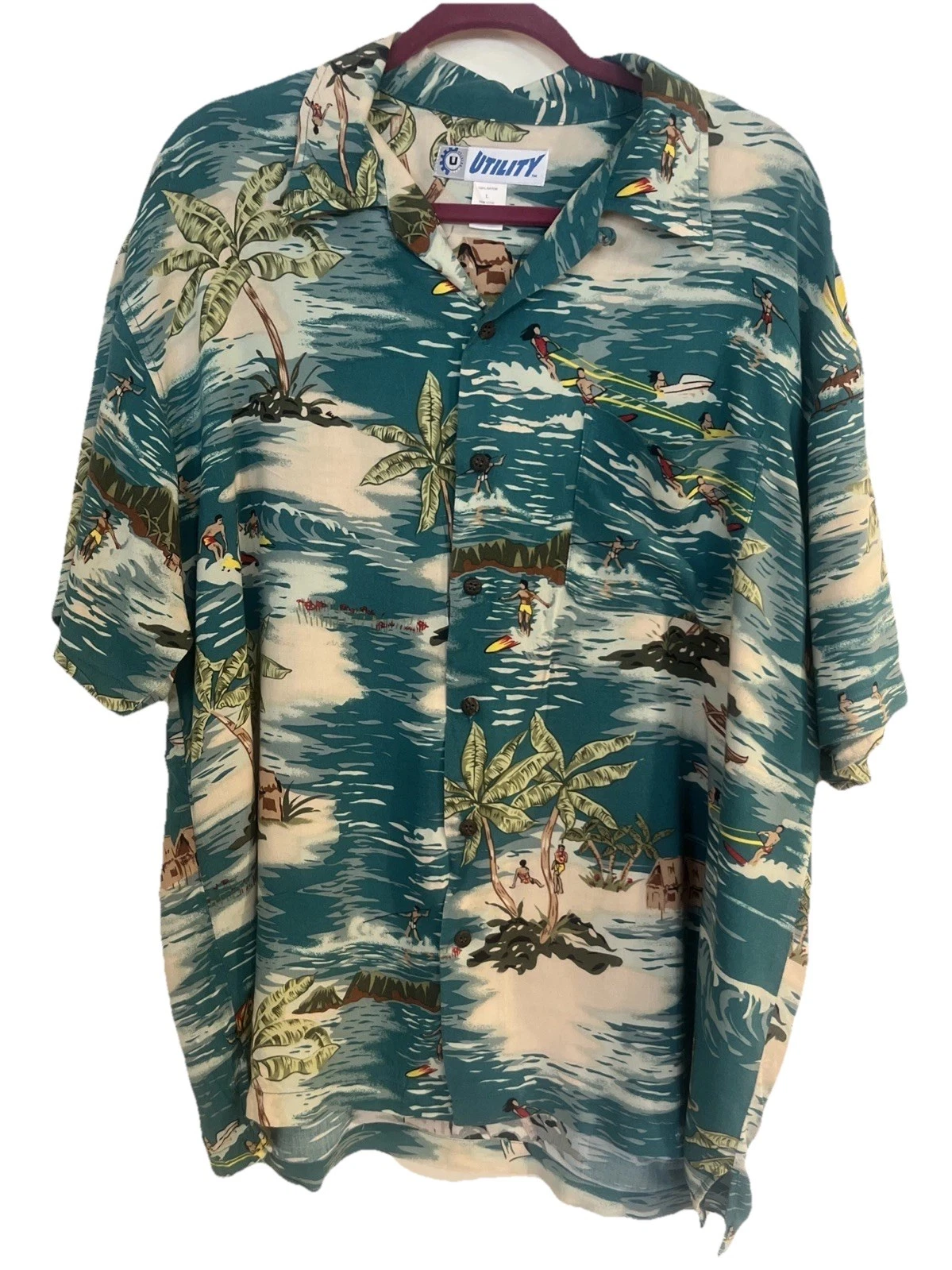 Utility Men's Hawaiian Shirt Teal Blue Surfing Waves Beach Sports Boats Sz L