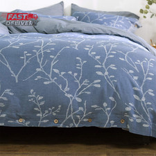 Duvet Cover Set King Size Washed Cotton Yarn, Jacquard Blue and White Thick Bran