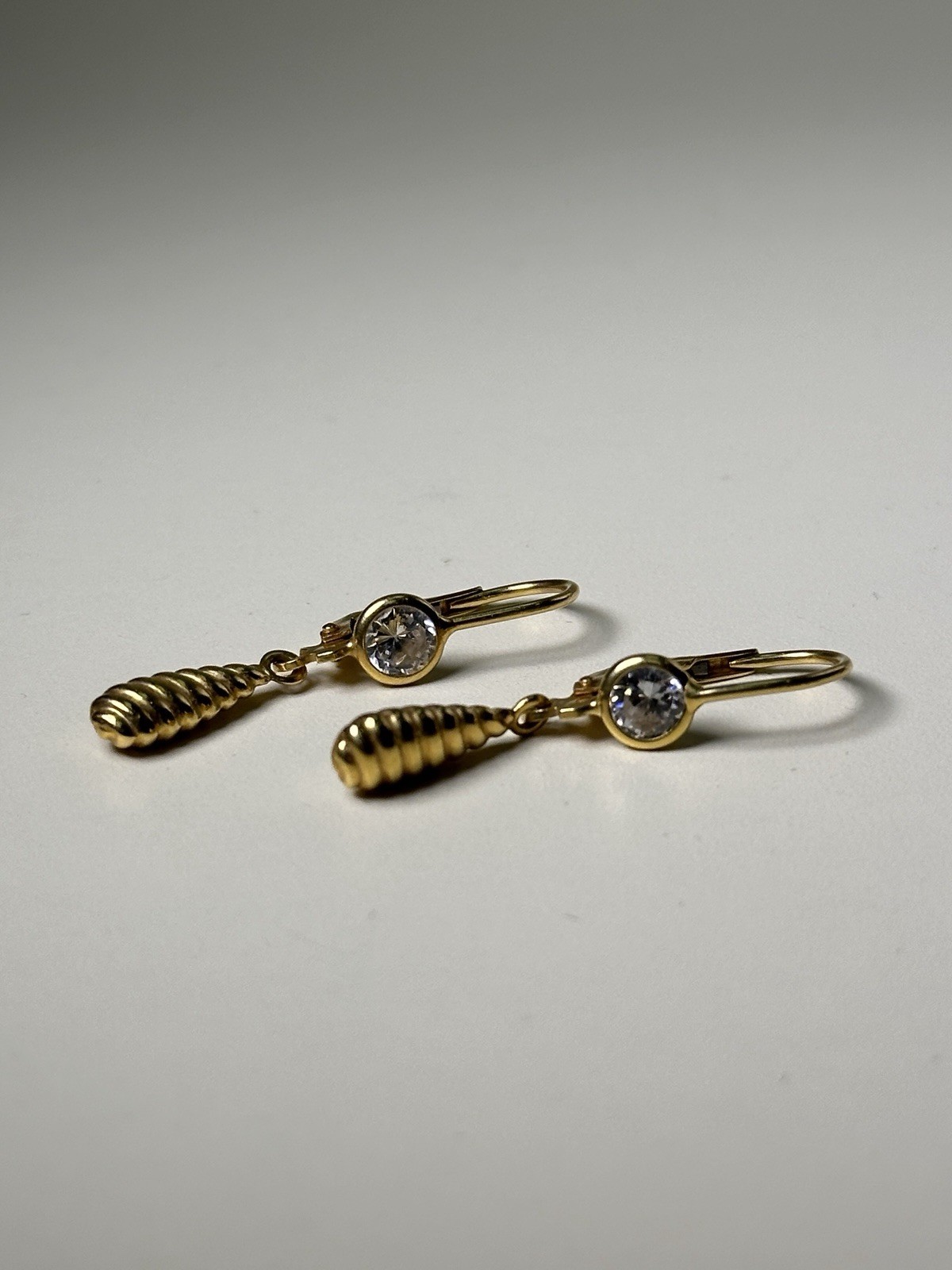 Solid 18K Yellow Gold Dangle Drop Earrings & CZ - image 2