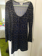 Apricot Navy Floral UK 16 Knee Length Long Sleeve Scoop Neck Dress