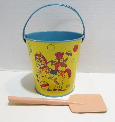 J. CHEIN VINTAGE TIN LITHO SAND PAIL W/ SHOVEL CIRCUS ELEPHANT PERFORMING BEAR
