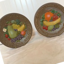 Vintage Fruit Wall Plates Set -2 Brown 8.25in Excellent 3D Relief Ceramic Retro