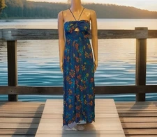 Free People Dress Women XS Blue Tropical Floral Coastal One Step Maxi Key Hole