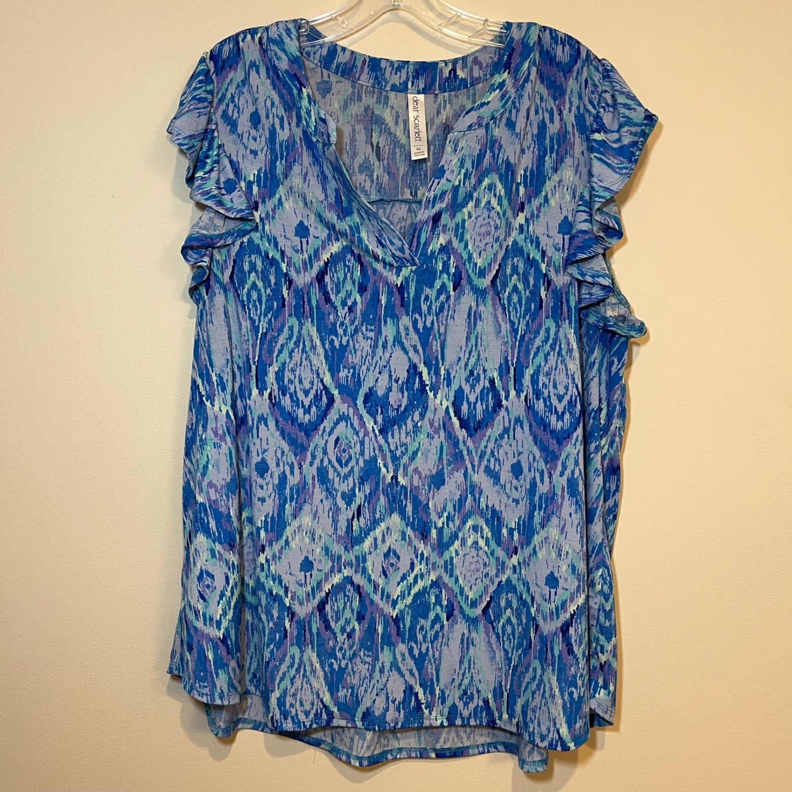 Dear Scarlett Lizzy Blouse Short Sleeve Flutter Top Blue Pink Floral Size XL
