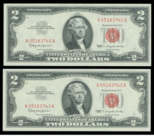 ✅ 🔸$2 1963 United States Note Red Seal GEM UNC Consecutive / Sequentially🔸✅