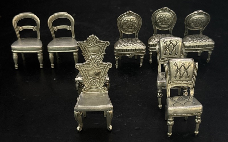 Vintage Pewter Miniature Dining Chair Set Of 9 Place Seating Card Holders 2” T