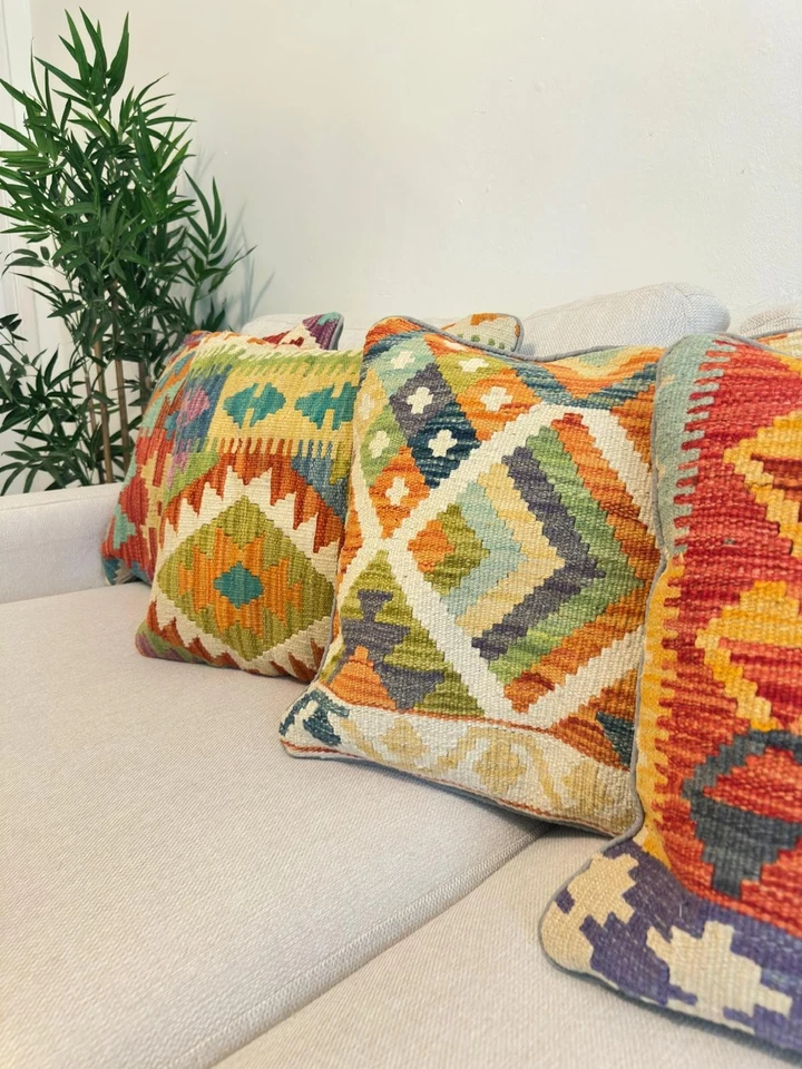 Afghan Authentic Handmade Colorful Kilim Cushion Covers Wool Christmas Decor - Image 3 of 4