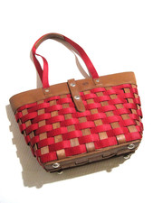 LONGABERGER Purse Tote To Go Basket Wood Nylon Leather Woven Red Brown Signed