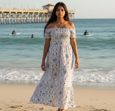 Old Navy Women Dress Large Blue Paisley Fit & Flare Cottagecore Off The Shoulder