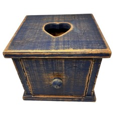 Handmade Farmhouse Style Distressed Blue Wooden Box With Drawer Heart Cutout