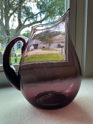 Hand Blown glass Blenko? Tall 11.5" Water Pitcher Amethyst Purple