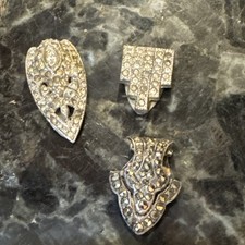 3 Vntg Deco Pot Metal Small Dress Clips 2 w/ RS, 1 Sterling Silver w/ Marcasite