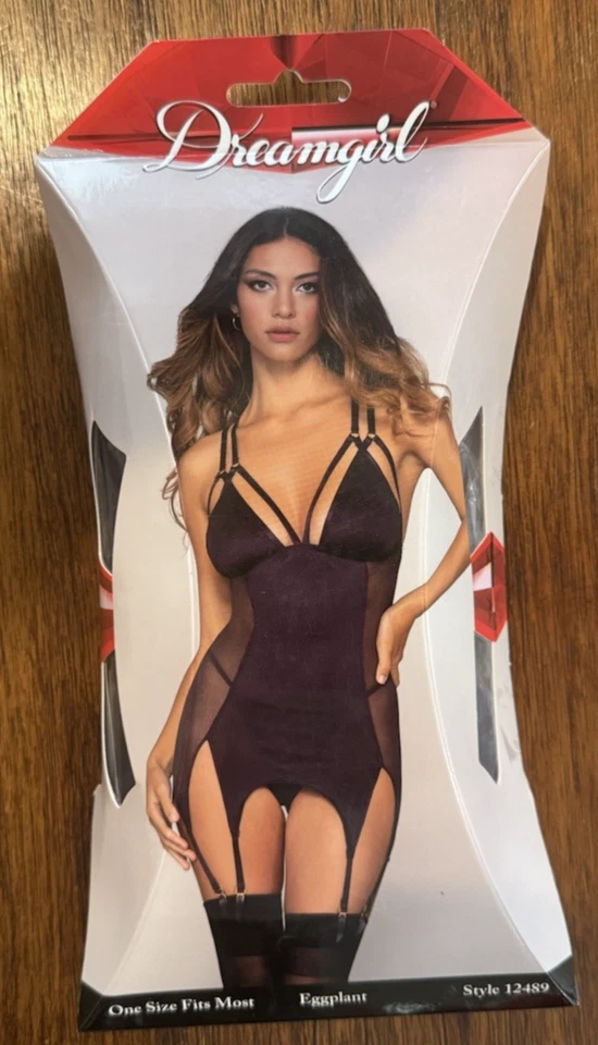 Liguero Dreamgirl de microfibra y malla con detalle de anillo dorado 12489 - berenjena - sistema operativo Foto 3 de 4