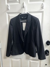 new Zara Women  s Black one button Blazer Jacket Sz 44/12