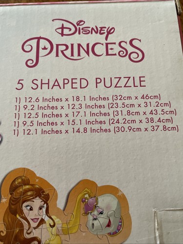 Disney Princess 5 Shaped Puzzle Set Snow White Cinderella Ariel Belle Rapunzel - Picture 15 of 15