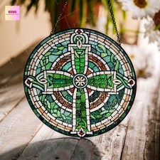 Celtic Cross Stained Glass Suncatcher Irish Window Hanging, Indoor Decor