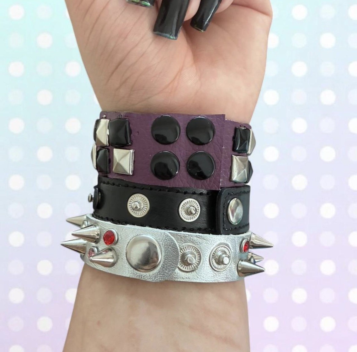 Punk Faux Leather Studded Spike Cuff Bracelet Lot, Multicolor