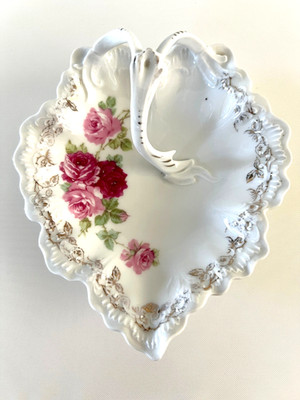Weimer Germany Porcelain Leaf Shaped Pink Floral Gilded Candy/Trinket Dish