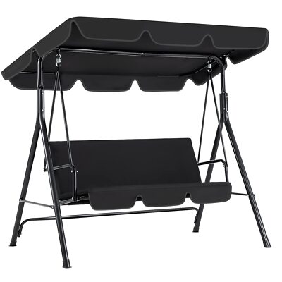 Porch Swing Hammock Bench Lounge Chair 3-seat Padded w/ Canopy Black Beige