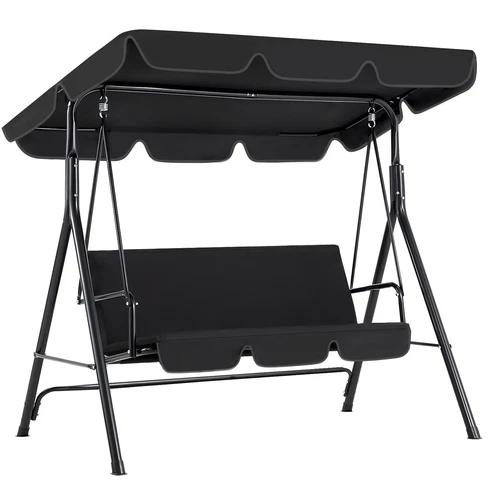 Porch Swing Hammock Bench Lounge Chair 3-seat Padded w/ Canopy Black Beige