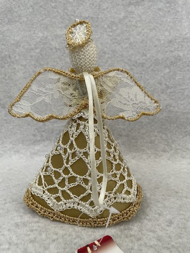 Par de adornos de ángel de ganchillo blanco dorado rojo 6 pulgadas decoración de Navidad colgante - Imagen 4 de 6