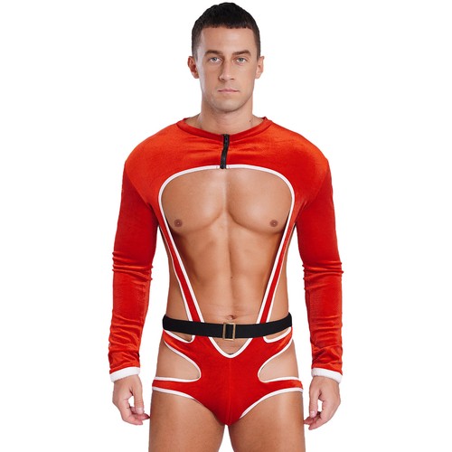 Mens Bodysuit Cosplay Leotard Dress Up Christmas Open Butt Santa Male Bulge - Picture 13 of 22