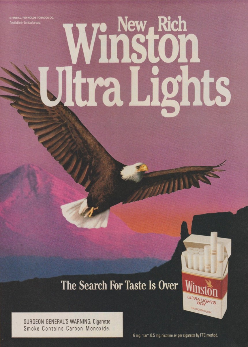 1991 Winston Ultra Lights Cigarettes - Soaring American Bald Eagle - Print  Ad