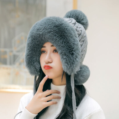 Women Knitted Faux Fur Trapper Hat Beanie Winter Warm Ski Cossack