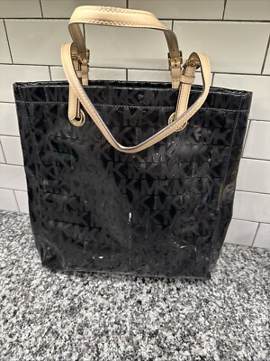 Michael Kors Jet Set Logo Tote Black Shiny shoulder Patent Leather Bag  Purse LRG