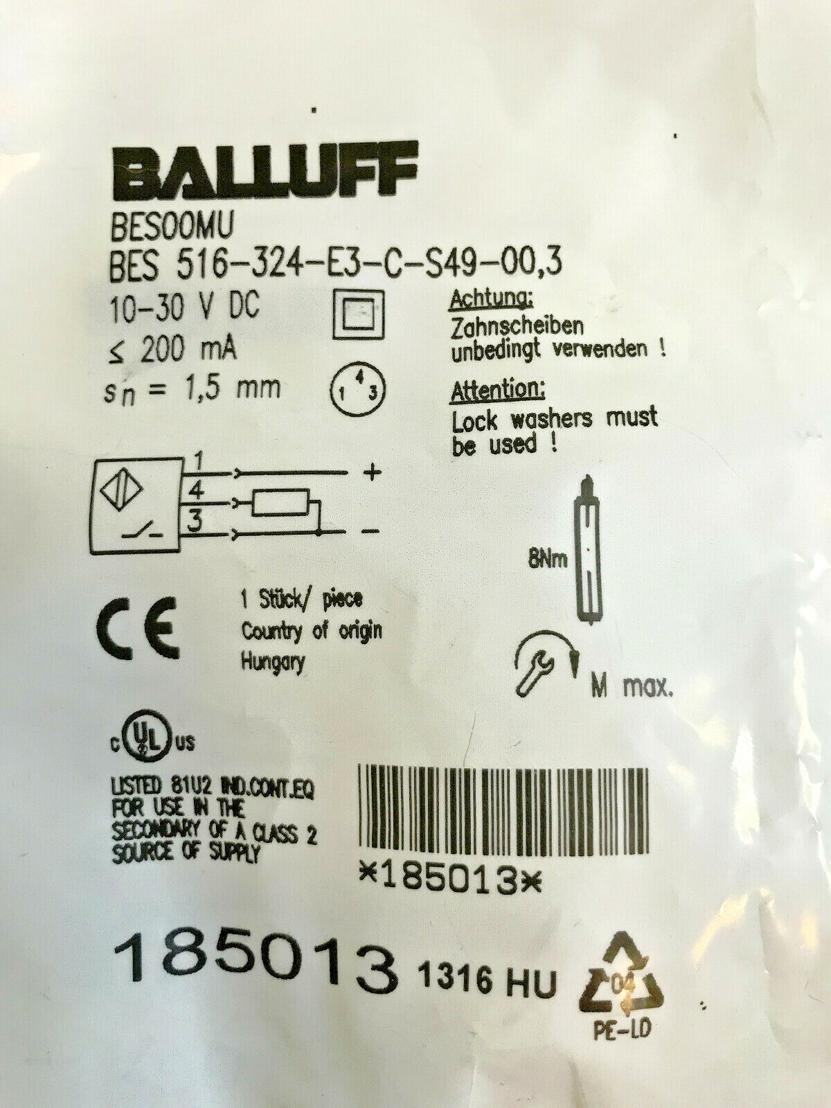 BALLUFF Inductive Sensor BES 516-324-E3-C-S49-00,3 - FAST US SHIPPING