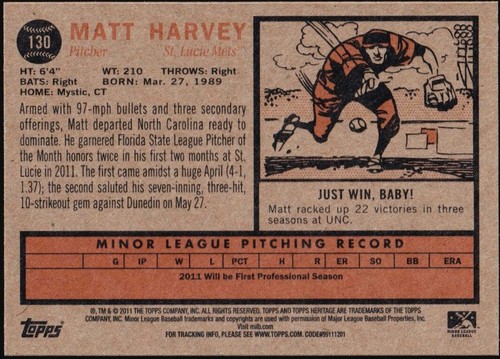 2011 Topps Heritage Minor League #130 - Matt Harvey Rookie (QTY Discount) - Picture 4 of 4