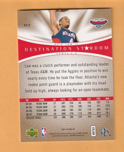 Acie Law Atlanta Hawks 2007-08 SP Authentic Destination Stardom Texas A&M 3U - Imagen 2 de 2