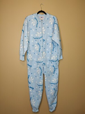 Yikes women's M one-piece fleece sleepwear blue & white ''Born to Dream'' full zip