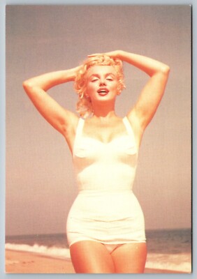 Postcard Marilyn Monroe White Swim Suit Bathing Suit On Beach 1997 Sam Shaw
