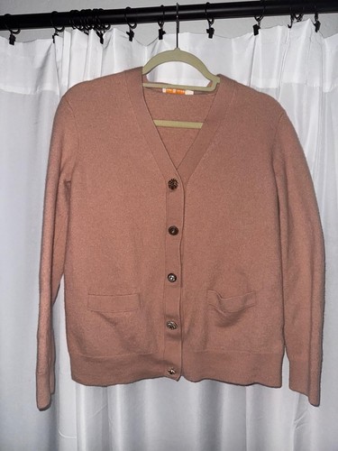 Tory Burch Women’s Simone Long Sleeve Merino Wool Cardigan pink Size medium