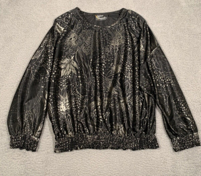 Vintage Silver Threads Blouse Black Leaf Print Gathered Medium M Whimsigoth USA