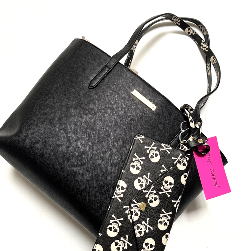 NWT Original BETSEY JOHNSON XO Skull Tote Bag Black Pouch Skulls PU