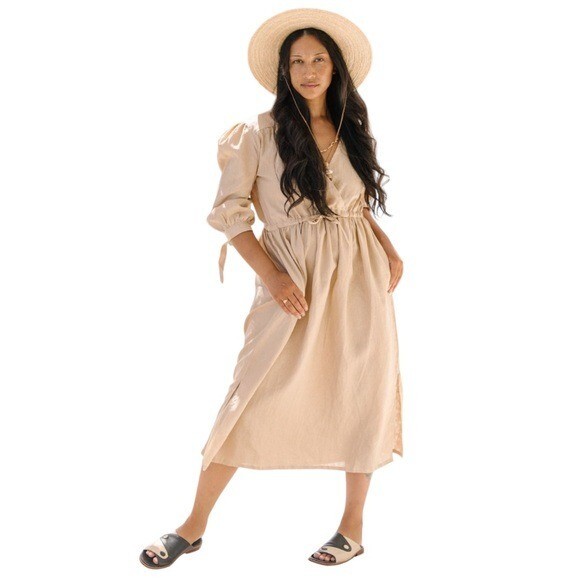 Myrah Penaloza Size One Size Fits Most Valentina Linen Midi Slit Dress in  Clay | eBay