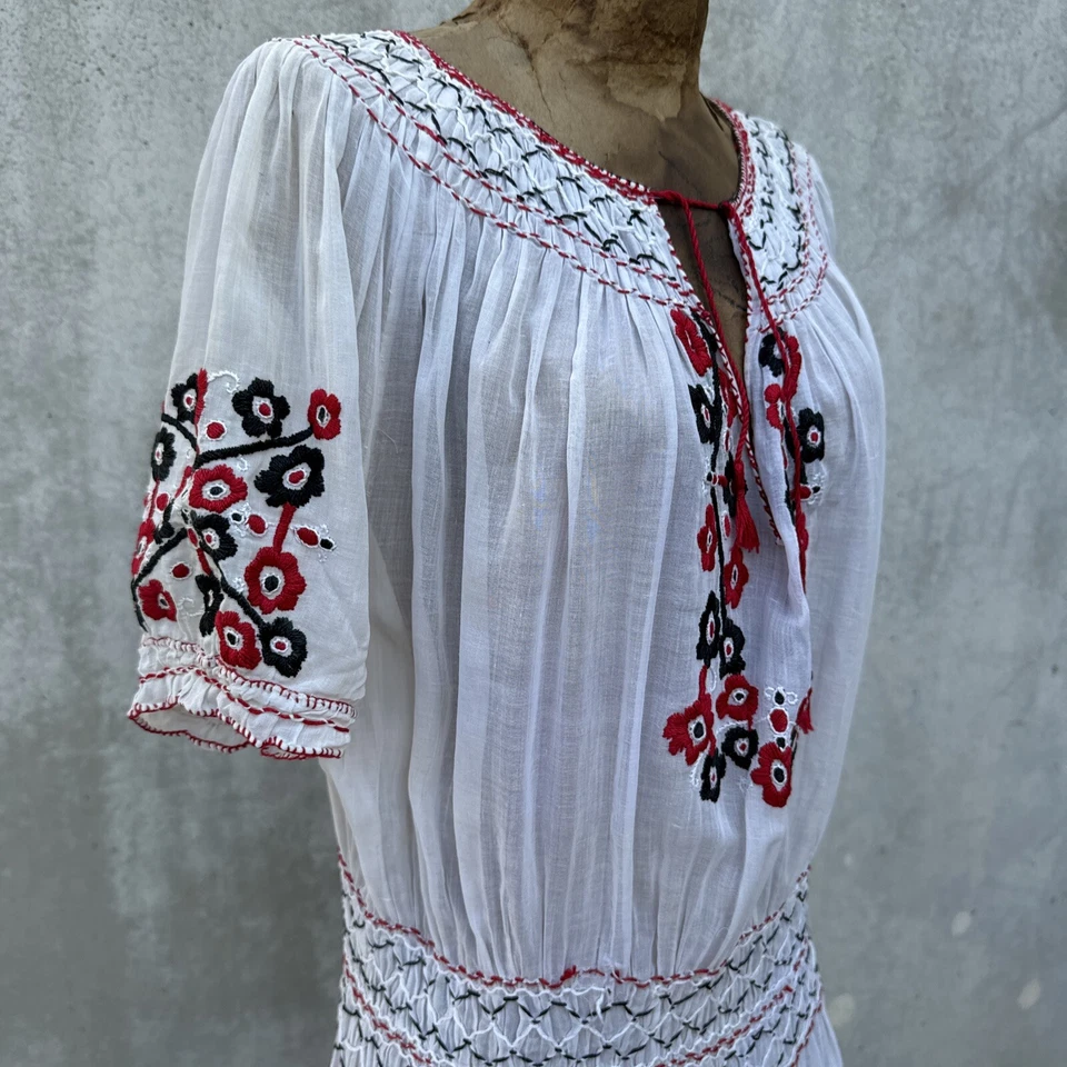 Vintage 1930s Hungarian Peasant Dress Black & Red Hand Embroidery Cotton Smockin - Image 2 of 4