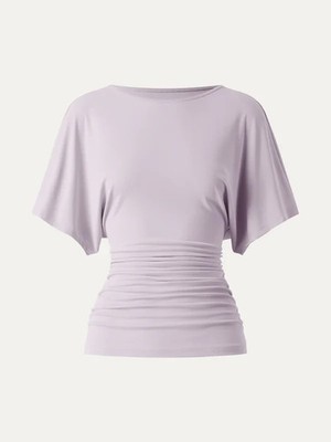 Women's Boat Neck Batwing Sleeve Side Ruched Stretch Blouse Top, Lilac, Freeship