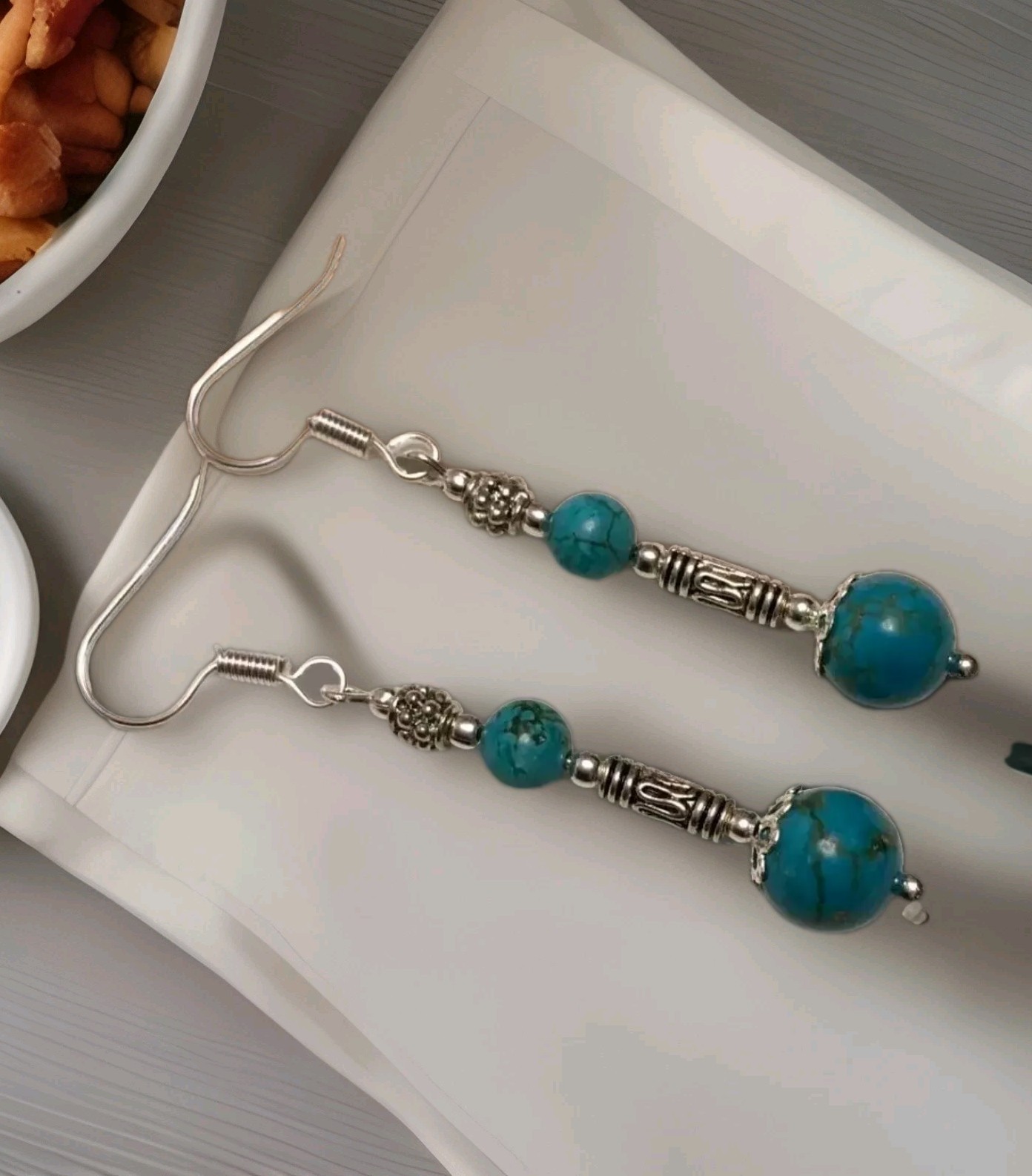 Beautiful Turquoise Gemstone Earrings In Silver Plate.drop Dangle