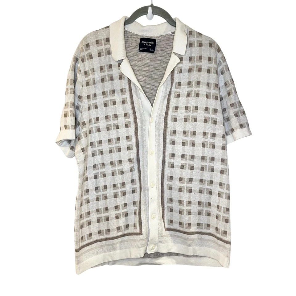 Abercrombie & Fitch Cream Border Stripe Button Sweater Polo Knit Collared Top L - Image 2 of 4