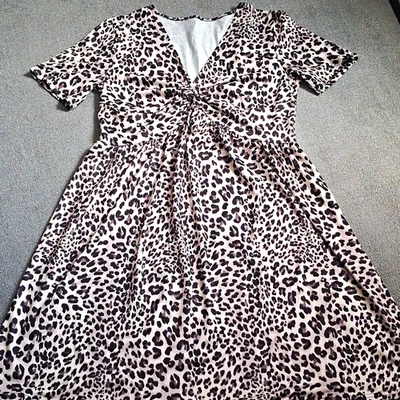 Women’s Plus Size XL 18 - 20 Beige/Black Leopard Animal Print V-Neck Dress - Image 1 of 2