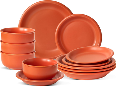 食器 504 Rustic Terracotta Clay Dinnerware Set for 4, 12 Pieces, Microwave