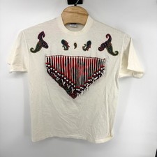 Vintage 20 20 Sport White Paisley Fringe Heart Bead T-Shirt XL Made in USA 90s