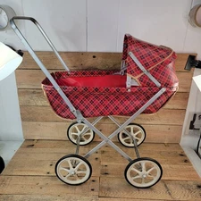Vintage 1950s Doll Carriage Pram Stroller Red Plaid Vinyl Metal Frame Toy Buggy