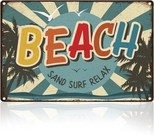 Metal Tin Sign Beach Sand Surf Relax Ocean Retro Wall Decor 8x12
