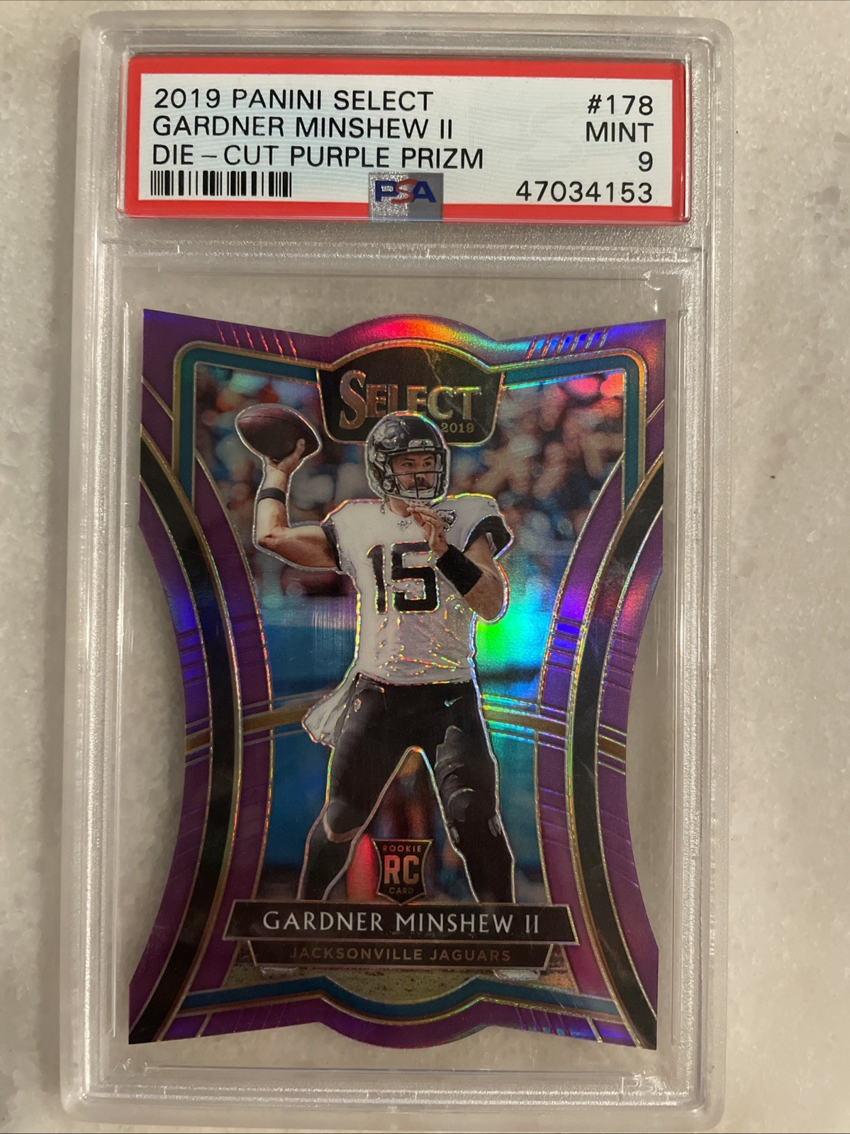 #178 Gardner Minshew II 2019 Panini Select - Die-Cut Purple Prizm PSA 9 RC /75