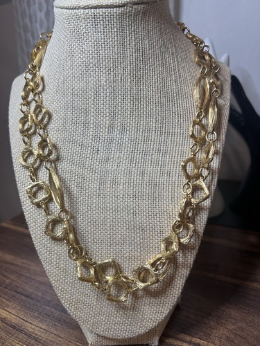 Crown Trifari Vintage Gold Tone Necklace 42" Long Geometric Shapes