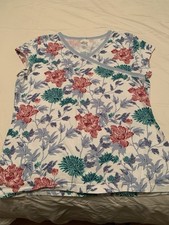 Garnet Hill Asian Wrap Organic Cotton Short Sleeve Pajama Top Pink blue Floral S